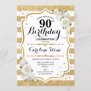 90th Birthday - Gold White Stripes Roses Invitation