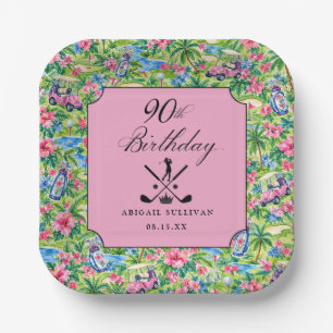 90th Birthday Golf Pink Green Preppy Print Paper Plate