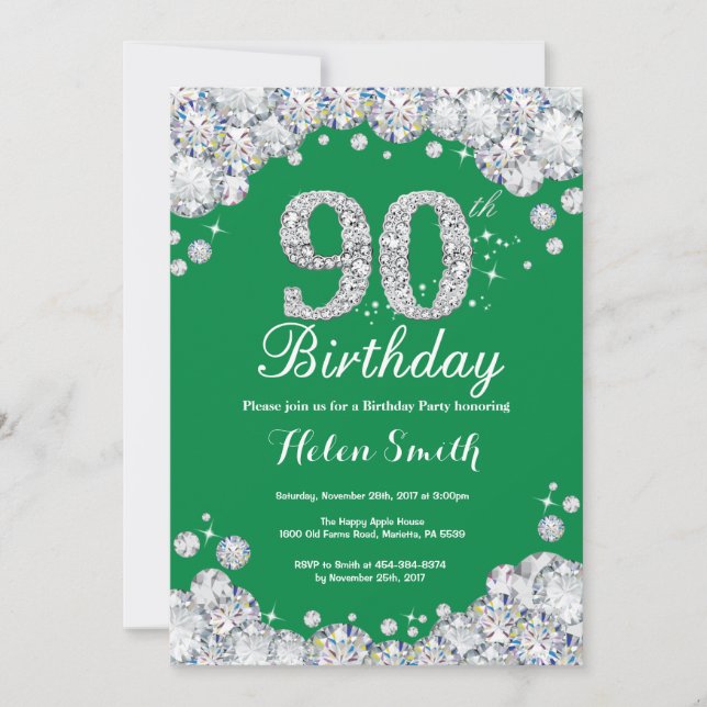 90th Birthday Green and Silver Diamond Invitation (Front)