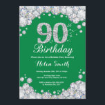 90th Birthday Green and Silver Diamond Invitation<br><div class="desc">90th Birthday Invitation. Green and Silver Rhinestone Diamond. Elegant Birthday Bash invite. Adult Birthday. Women Birthday. Men Birthday. For further customisation,  please click the "Customise it" button and use our design tool to modify this template.</div>