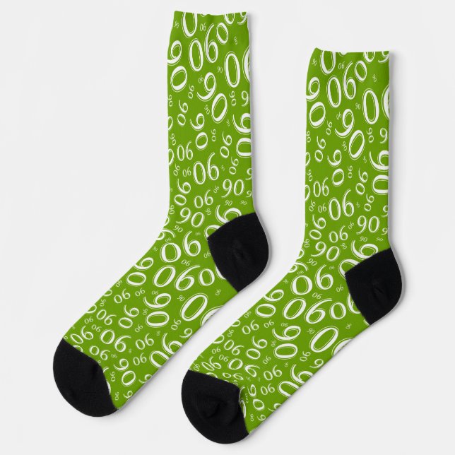 90th Birthday Green/White Random Number Pattern 90 Socks (Left)