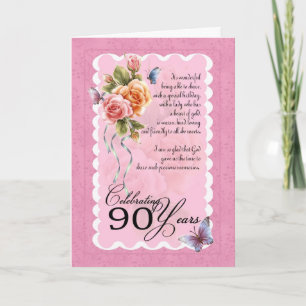 90th birthday greeting card - roses and butterflie