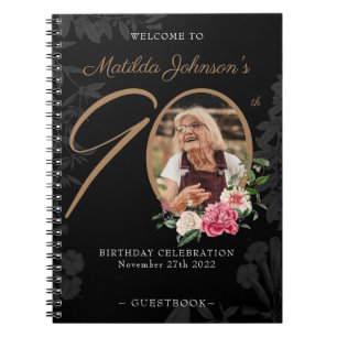 90th Birthday Guestbook Black Gold Floral Photo  Notebook