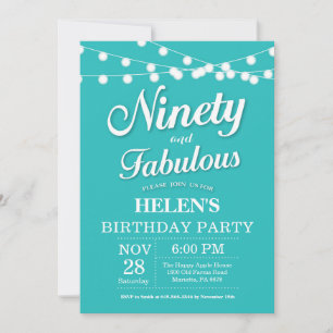 90th Birthday Invitation Aqua Turquoise Fabulous