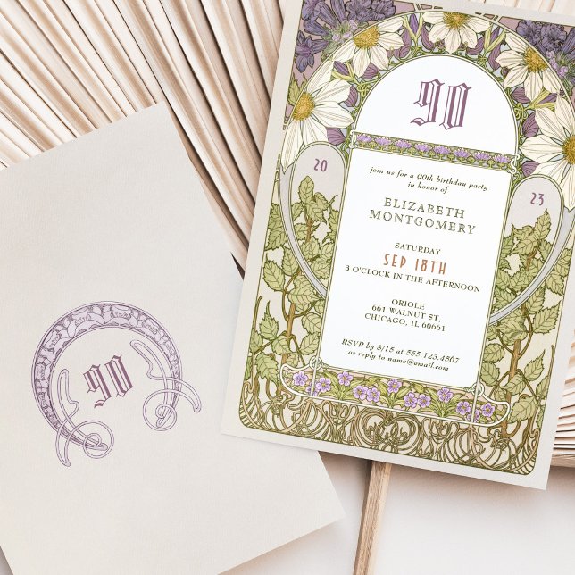90th Birthday Invitation Art Nouveau Daisies (Creator Uploaded)