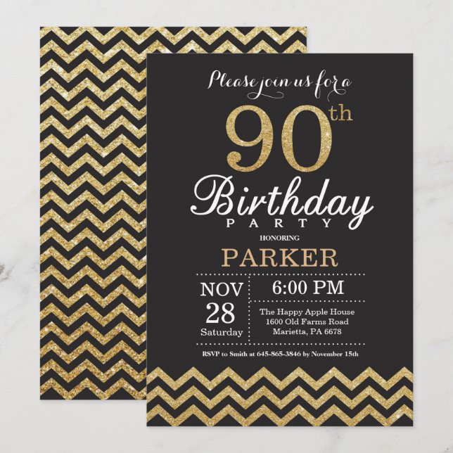 90th Birthday Invitation Black and Gold Glitter (Front/Back)