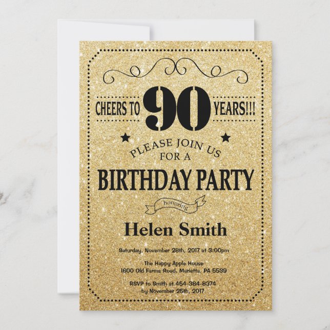 90th Birthday Invitation Black and Gold Glitter (Front)