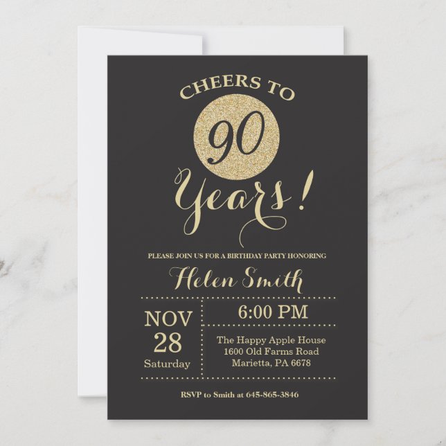 90th Birthday Invitation Black and Gold Glitter (Front)