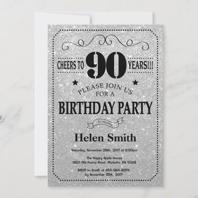 90th Birthday Invitation Black and Silver Glitter (Front)