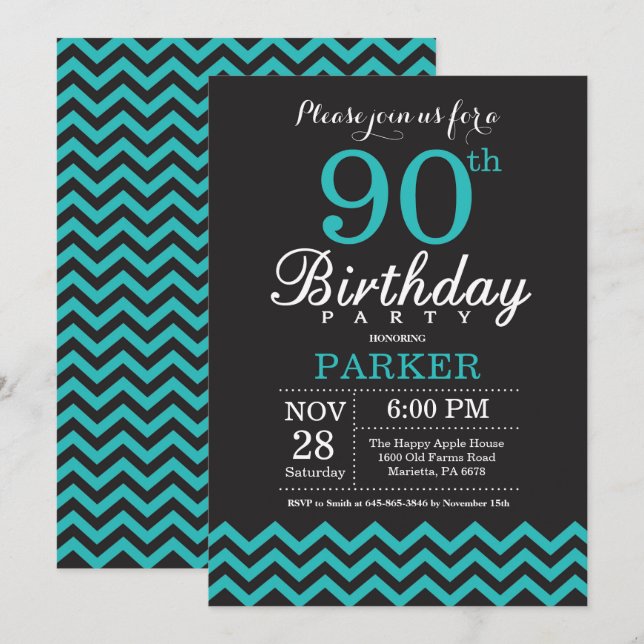 90th Birthday Invitation Black and Teal (Front/Back)