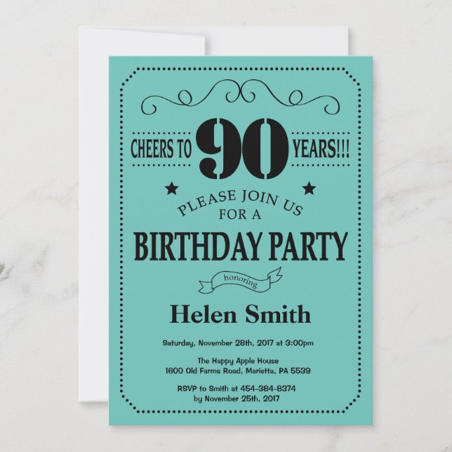 90th Birthday Invitation Black and Teal (Front)
