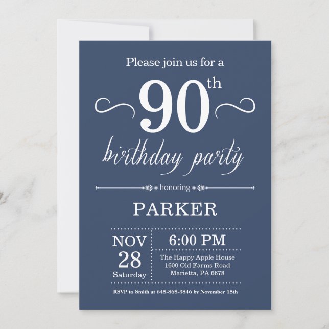 90th Birthday Invitation Blue (Front)