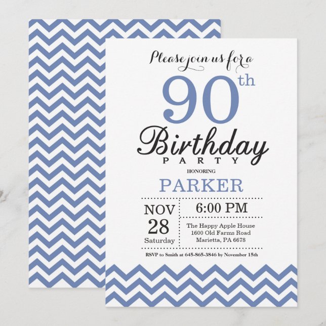 90th Birthday Invitation Blue Chevron (Front/Back)