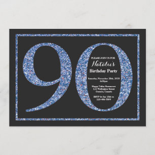 90th Birthday Invitation Blue Glitter Chalkboard