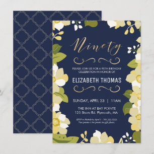 90th Birthday Invitation, Customise Floral w/ Gold Invitation