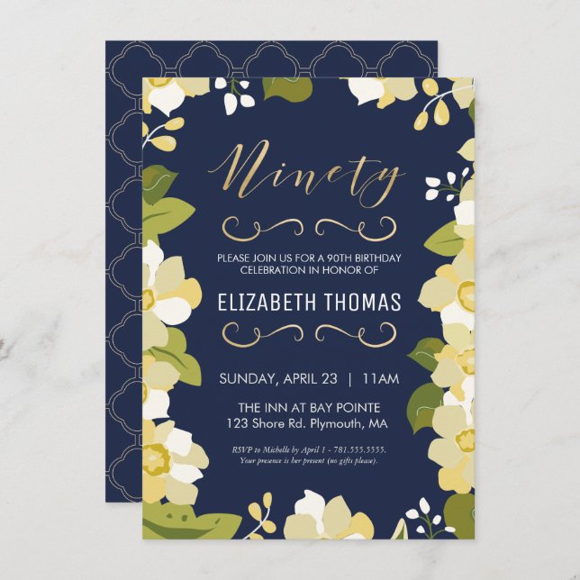 90th Birthday Invitation, Customise Floral w/ Gold Invitation (Front/Back)