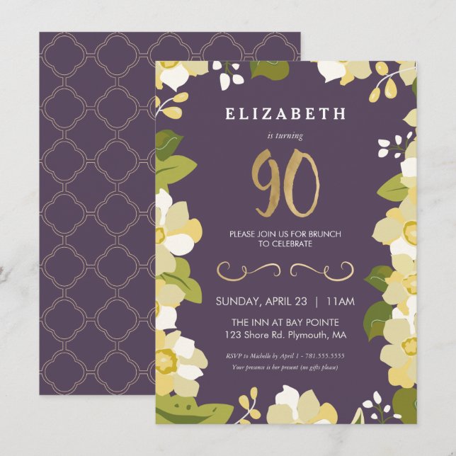 90th Birthday Invitation, Customise Floral w/ Gold Invitation (Front/Back)