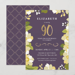 90th Birthday Invitation, Customise Floral w/ Gold Invitation
