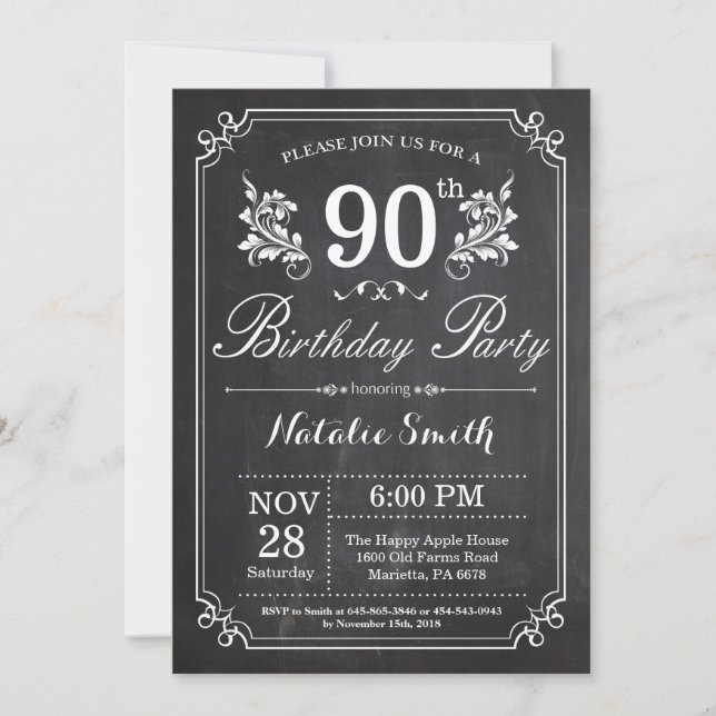 90th Birthday Invitation Floral Chalkboard (Front)