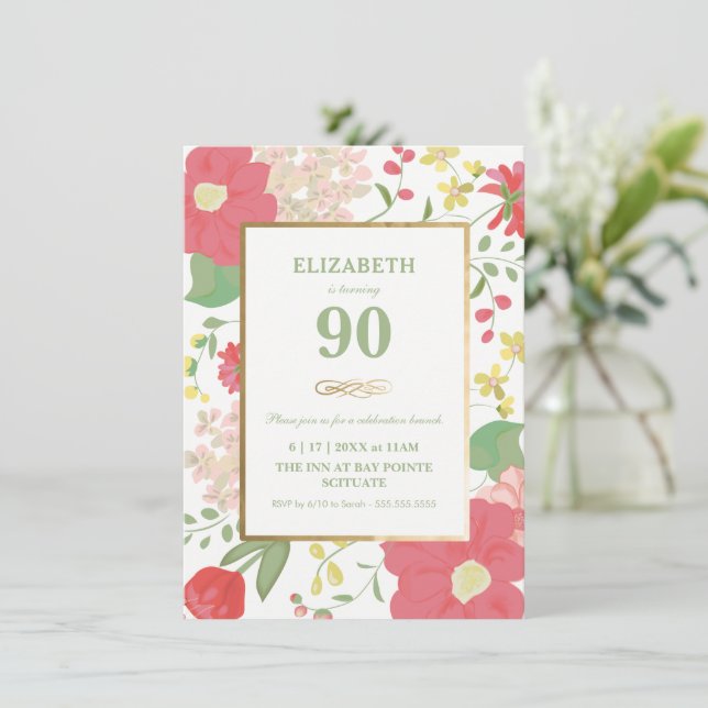 90th Birthday Invitation - Gold, Elegant Floral (Standing Front)