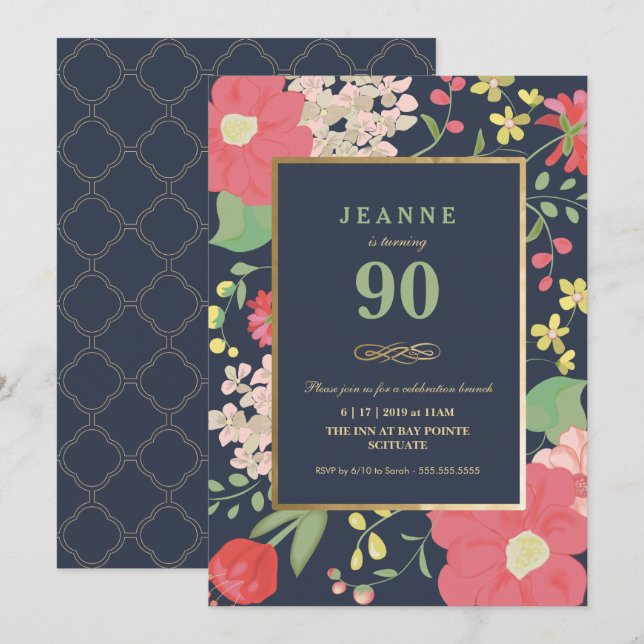 90th Birthday Invitation - Gold, Elegant Floral (Front/Back)