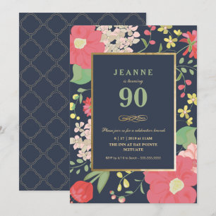 90th Birthday Invitation - Gold, Elegant Floral