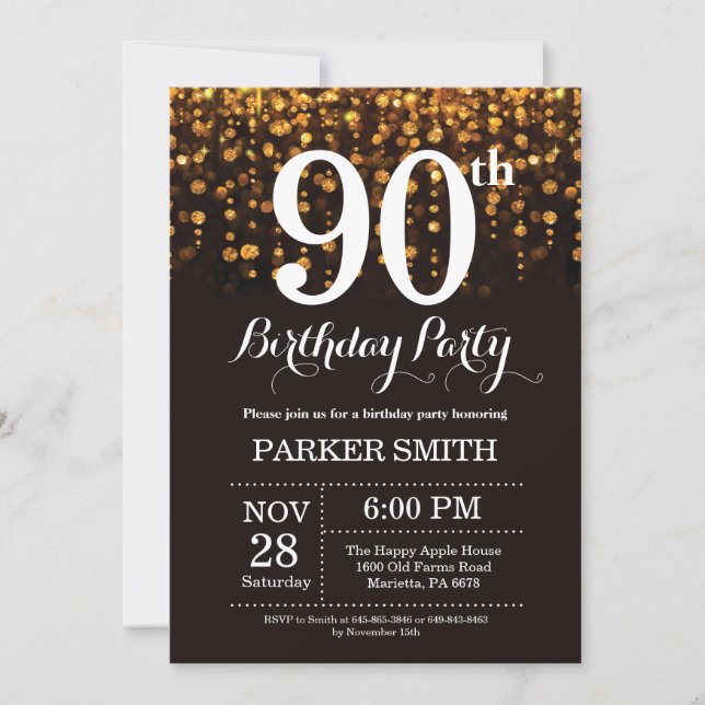 90th Birthday Invitation Gold Glitter (Front)