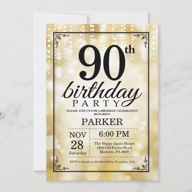 90th Birthday Invitation Gold Glitter (Front)