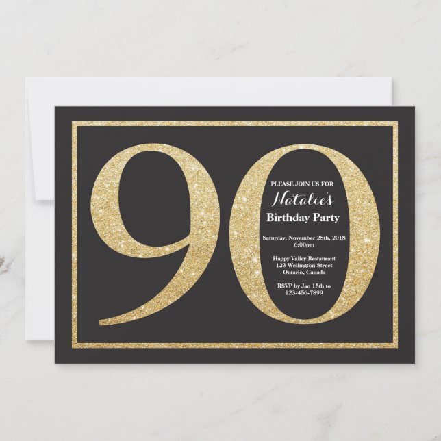 90th Birthday Invitation Gold Glitter Chalkboard (Front)