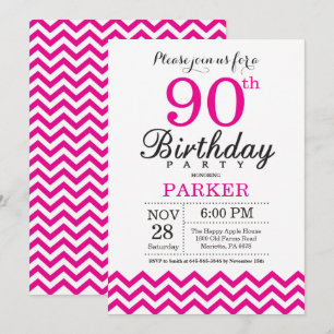 90th Birthday Invitation Hot Pink Chevron