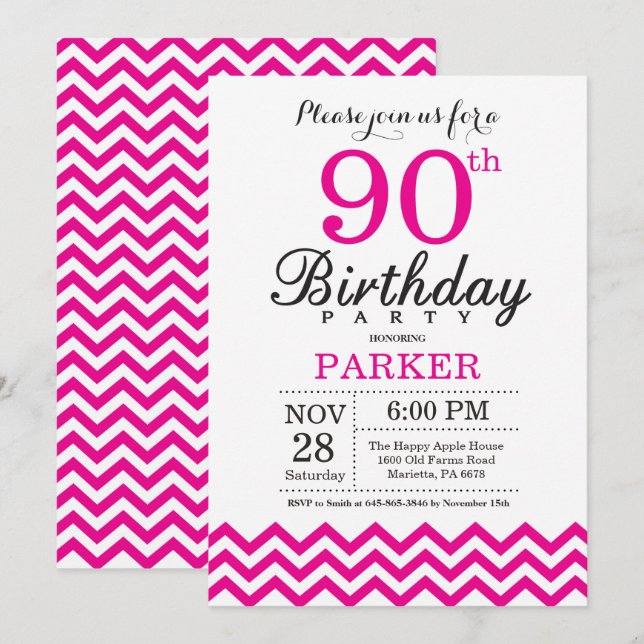 90th Birthday Invitation Hot Pink Chevron (Front/Back)