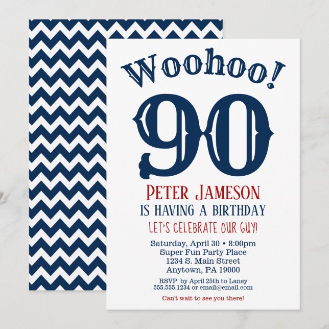 90th Birthday Invitation Mens Navy Blue (Front/Back)
