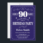 90th Birthday Invitation Navy Blue and White<br><div class="desc">90th Birthday Invitation Navy Blue and White Typography. Navy Blue and White Background. Adult Birthday. Male Men or Women Birthday. Kids Boy or Girl Lady Teen Teenage Bday Invite. 13th 15th 16th 18th 20th 21st 30th 40th 50th 60th 70th 80th 90th 100th. Any Age. For further customisation, please click the...</div>