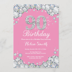 90th Birthday Invitation Pink and Silver Diamond