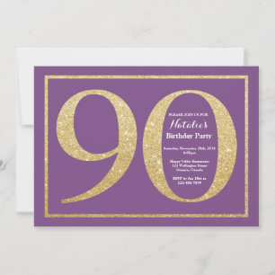90th Birthday Invitation Purple and Gold Glitter