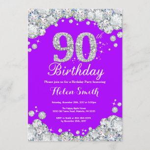 90th Birthday Invitation Purple and Silver Diamond