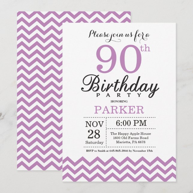 90th Birthday Invitation Purple Chevron (Front/Back)