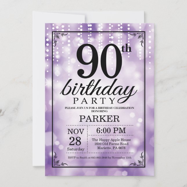 90th Birthday Invitation Purple Glitter (Front)