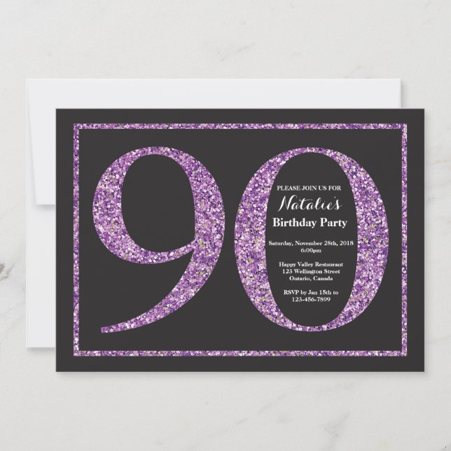 90th Birthday Invitation Purple Glitter Chalkboard (Front)