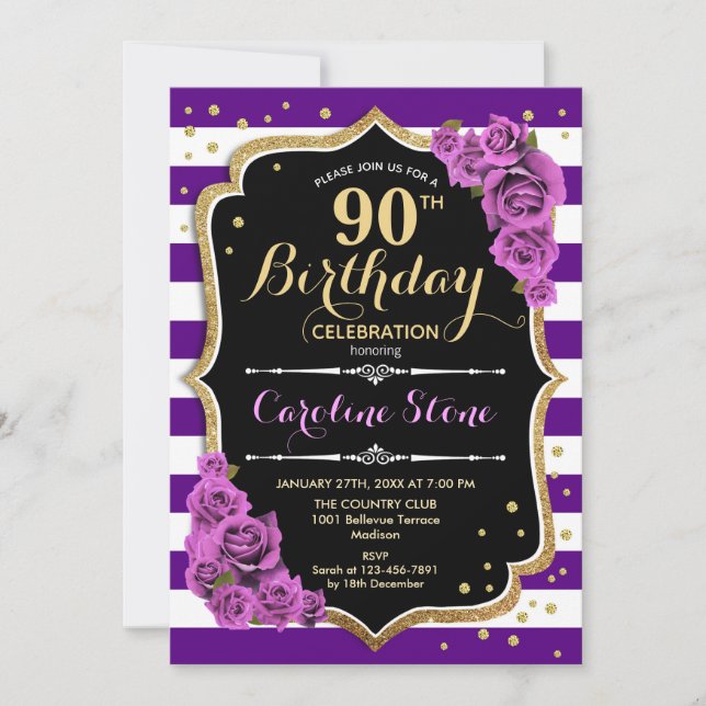 90th Birthday Invitation Purple Gold With Roses (Front)