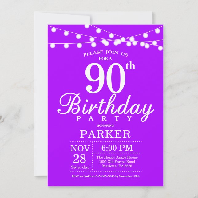 90th Birthday Invitation Purple Lavender Lilac (Front)