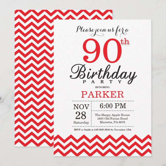 90th Birthday Invitation Red Chevron (Front/Back)