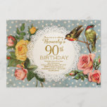 90th Birthday Invitation Rustic Floral Birds Blue<br><div class="desc">90th birthday party invitation for women. Elegant rose florals,  birds,  a lace doily and polka dot background give this invitation an antique flair. Perfect for mum's birthday party. The text is fully editable,  so you can personalise the card,  change the age or wording to suit your event!</div>