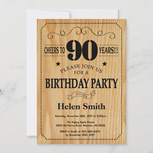 90th Birthday Invitation Rustic Wood (Front)