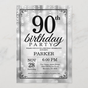 90th Birthday Invitation Silver Glitter