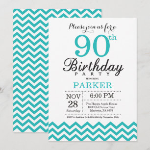 90th Birthday Invitation Teal Chevron