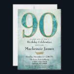 90th Birthday Invitation Turquoise Blue Gold Adult<br><div class="desc">An elegant 90th birthday party invitation in turquoise blue and gold,  featuring a large 90 with painterly abstract blue aqua with gold trim over an abstract ombre blue background. Suitable for men's or women's birthday parties.</div>