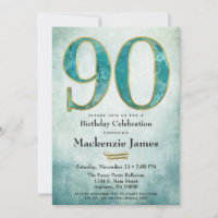 90th Birthday Invitation Turquoise Blue Gold Adult