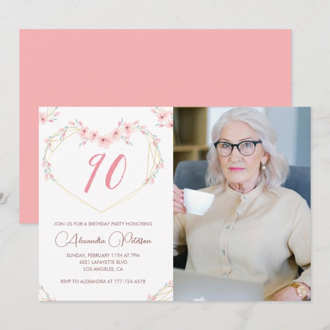 90th birthday invitations Boho Floral Photo (Front/Back)