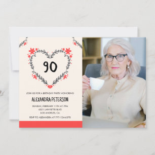 90th birthday invitations for her Floral Heart